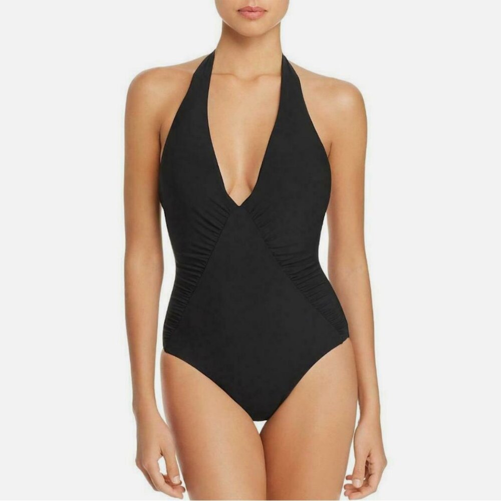 Red Carter Plunge Halter Ruched One Piece